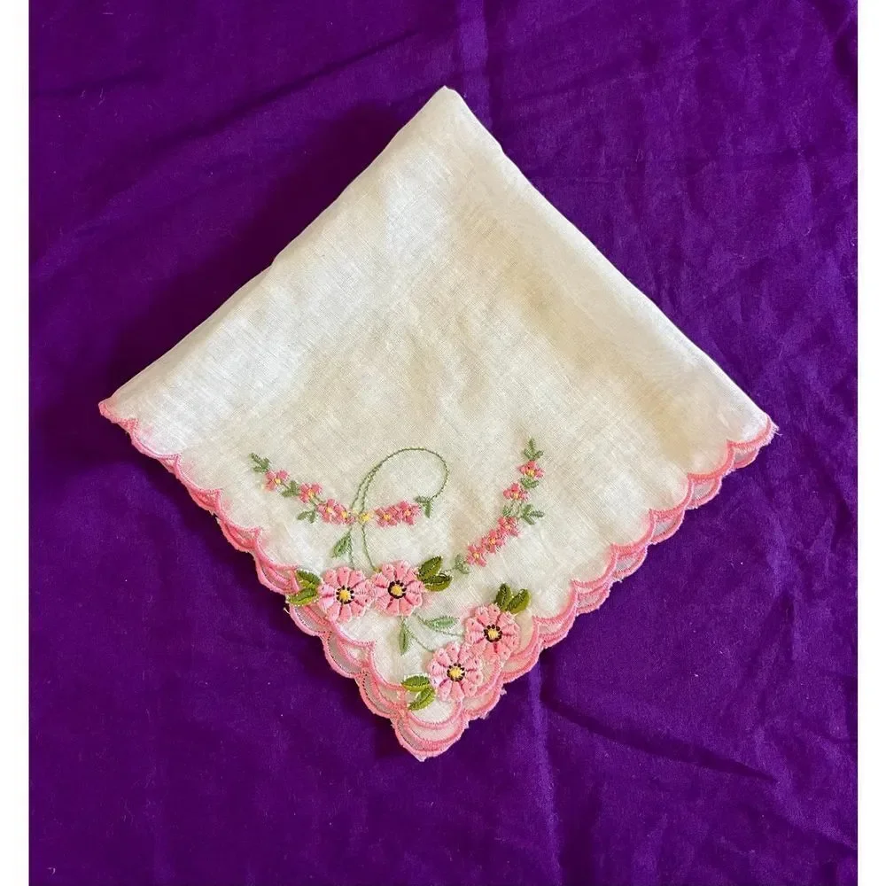 Vintage 50s 60s MCM White & Pink Flowers Floral Handkerchiefs